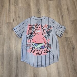 Sponge BobPatrick Star Sz Med Baseball Jersey Shirt Gray Striped Polyester Vtg